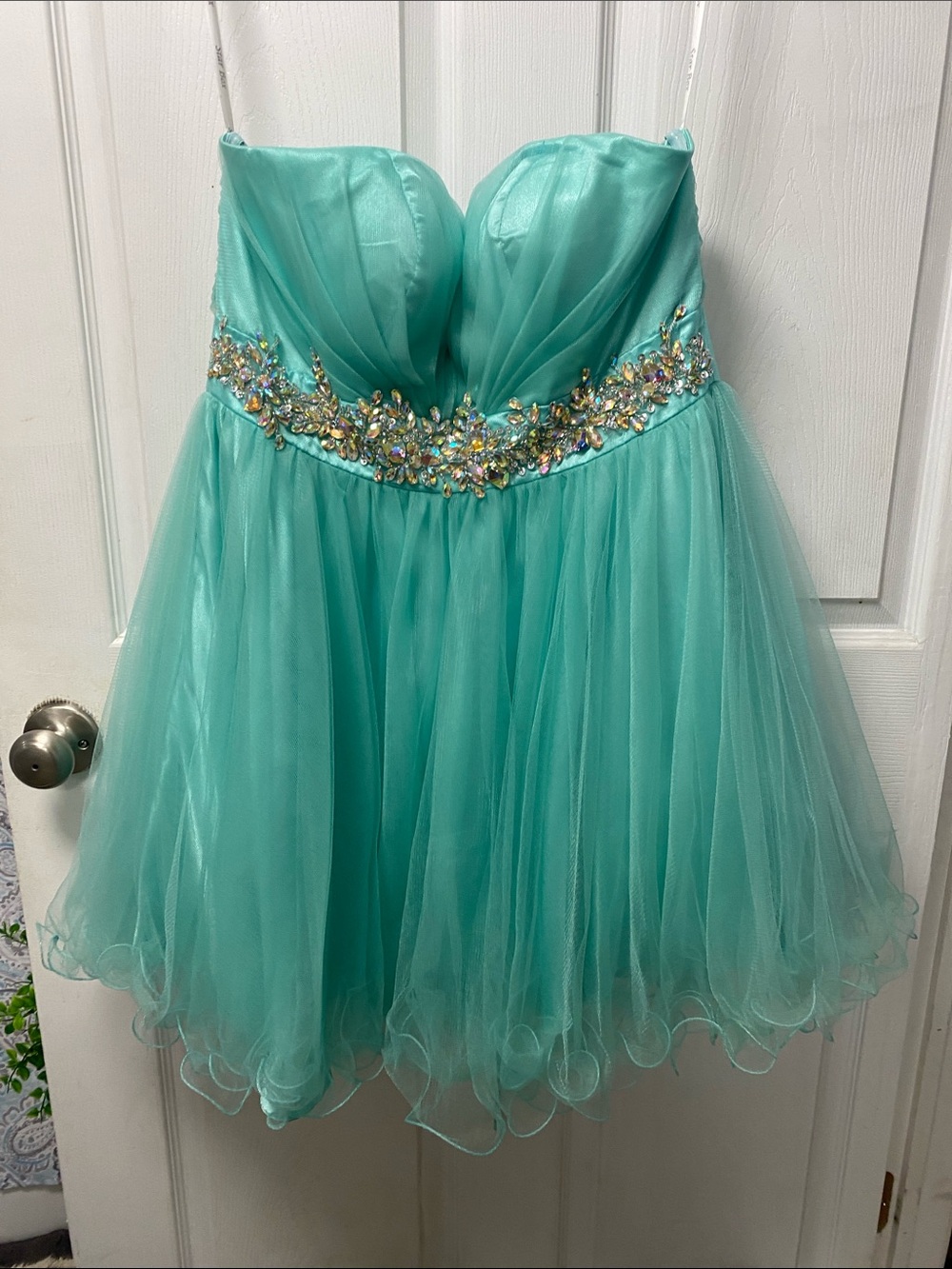 Sherri Hill Aqua Tulle Party Dress with Jeweled Waistband